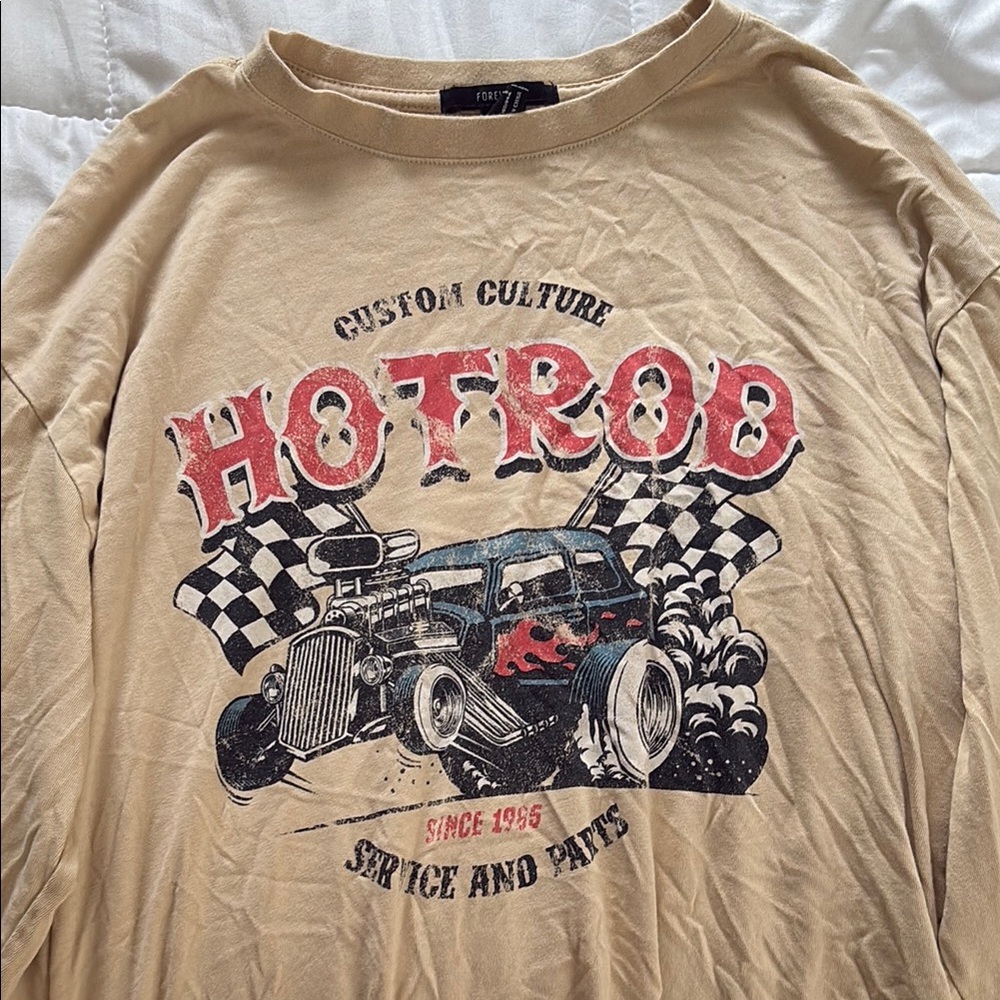 Forever 21 Tan Hotrod Graphic Long Sleeve Tee